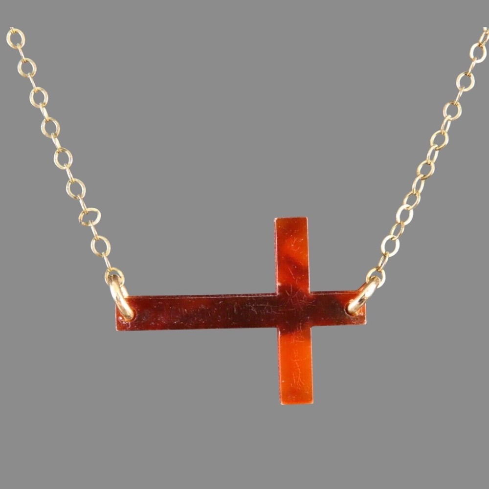 14K GF YELLOW GOLD FILLED Chain Necklace SIDEWAYS CROSS PENDANT Faux Tortoise